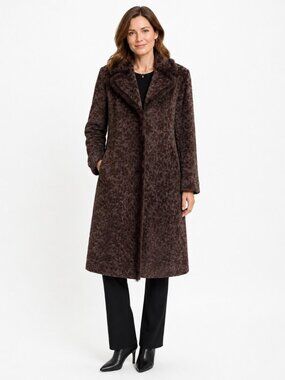 Olsen Europe Brown Jacquard Rabbit Fur Trim Coat